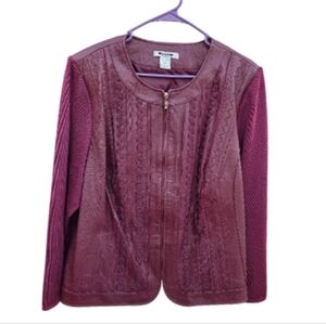 Peter Nygard Womens Burgundy Leather Knit Jacket Sz 2X Zip Front 90s Vintage